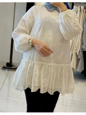 Yaka Kot İnci Detaylı Güpür Tunik Astarlı