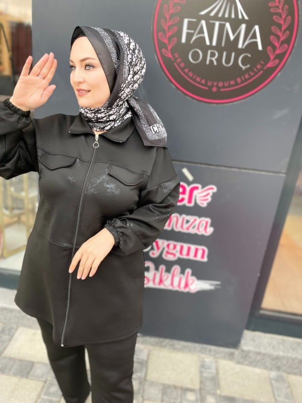 Simli Siyah Scuba Kumaş İkili Takım