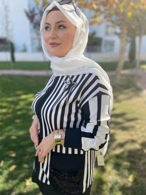 Siyah Beyaz, Çizgili Cebi Pullu, Suguba Kumaş Ceket, Önü Fermuarlı
