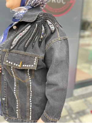 Mavi Siyah Kot Taş Detaylı Ceket